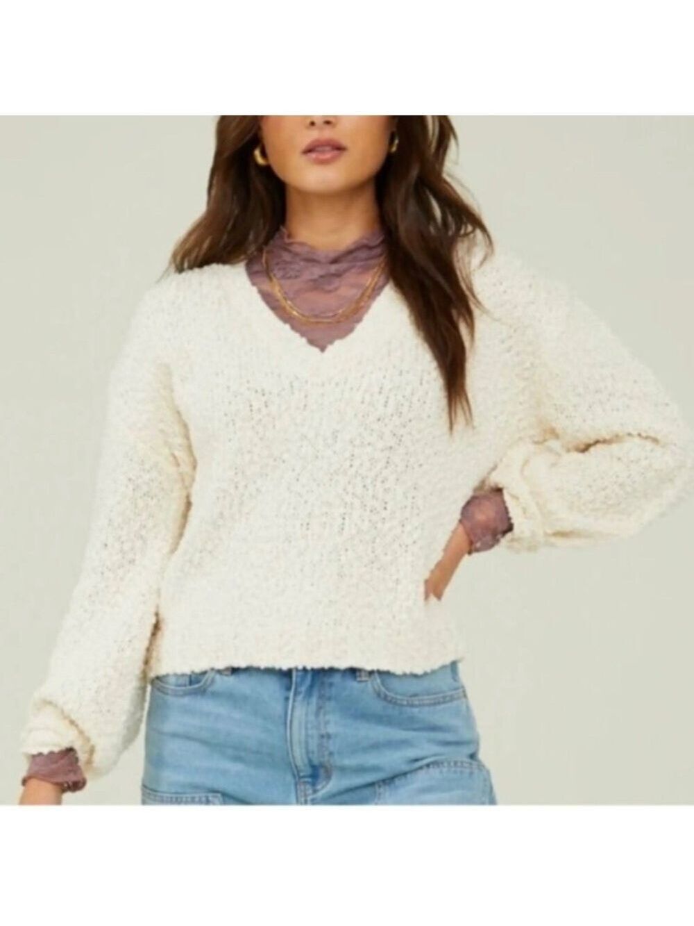 Altar’d State Sydney popcorn pullover taupe Cream Vneck Sweater small